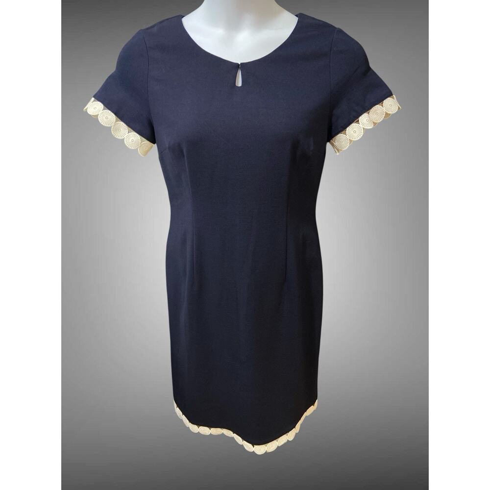 Talbots Navy Blue Scallop Circle Trim Dress Size 8 Petite Career Office Classic